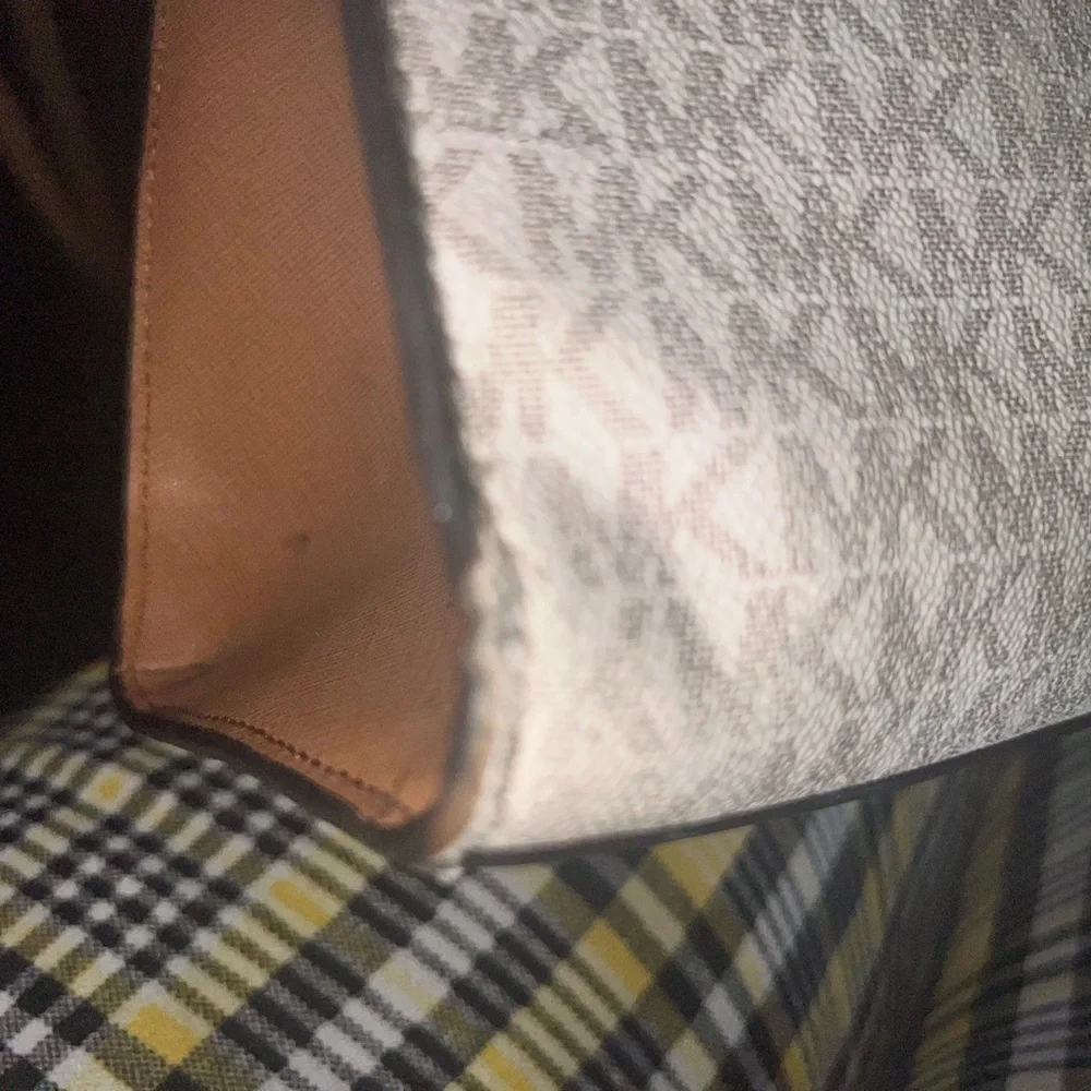 Michael Kors Cream and Tan MK Monogram Satchel